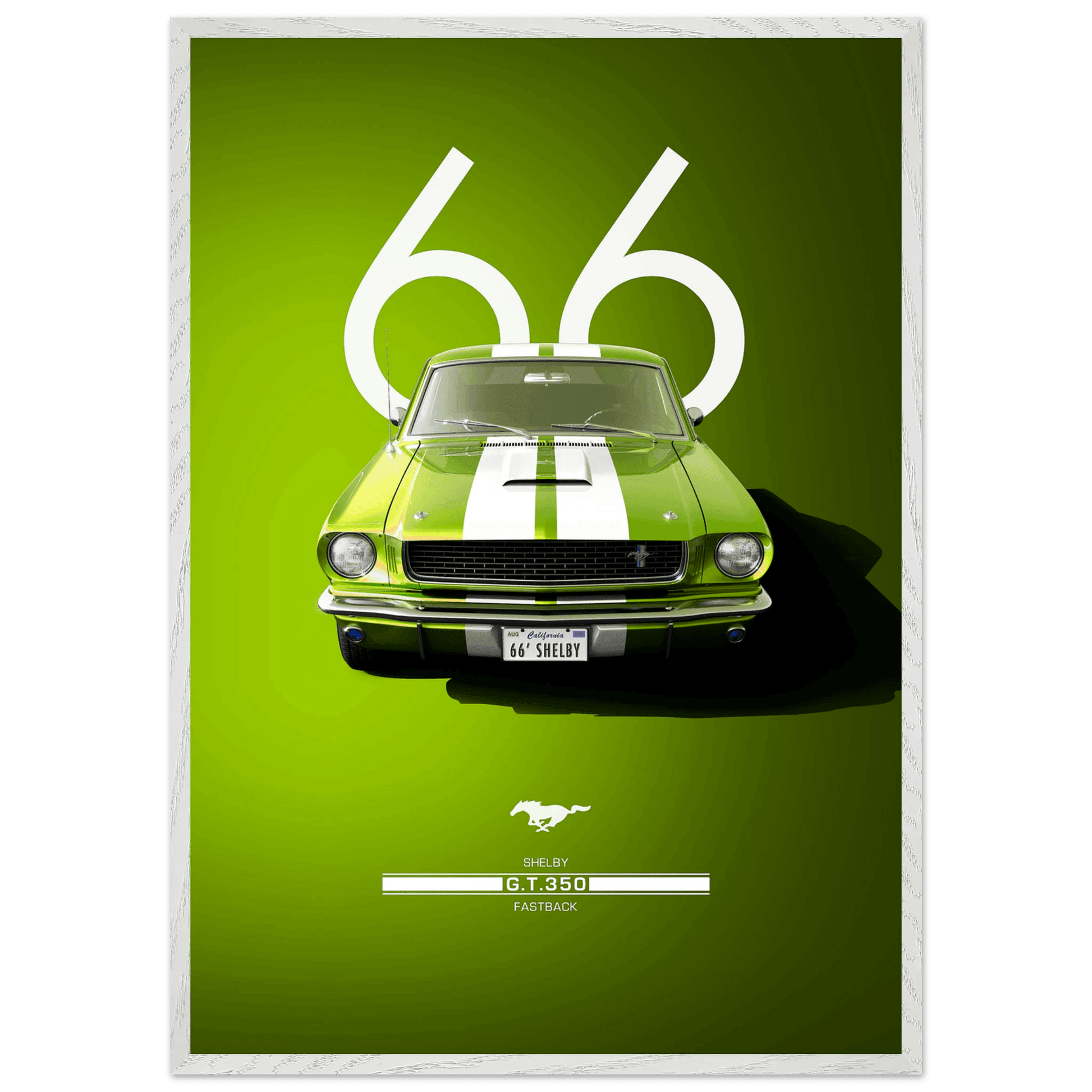 1966 Shelby GT350 Poster - Premium Framed Art with Iconic Green & White Racing Stripes, Ready-to-Hang - Vibrantwalls