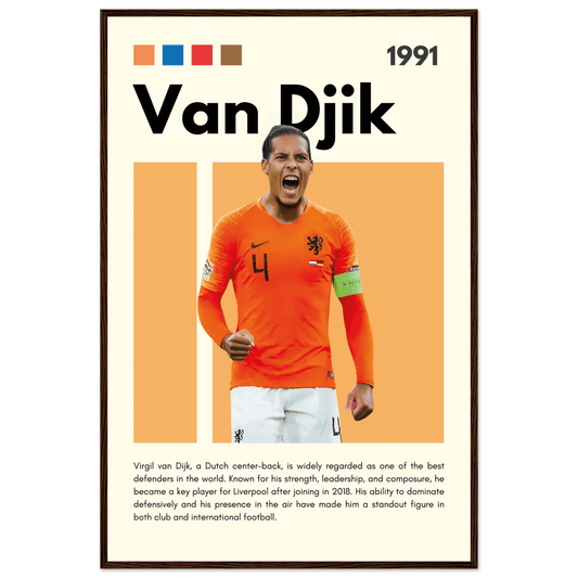 Virgil van Dijk Liverpool/Netherlands Football Framed Poster - Orange & Dynamic Sports Art Print 60x90 cm 24x36″ Dark wood frame Vibrantwalls