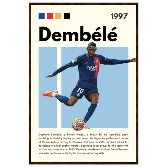 Ousmane Dembélé PSG Soccer Framed Poster – Dynamic Football Art Print in Multiple Sizes & Frame Styles 60x90 cm 24x36″ Dark wood frame Vibrantwalls