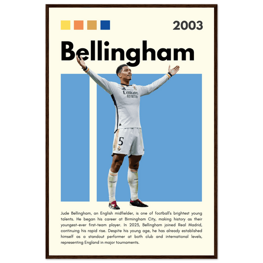 Jude Bellingham Real Madrid Football Poster – Modern Pop Art Print in Your Choice of Frame 60x90 cm 24x36″ Dark wood frame Vibrantwalls