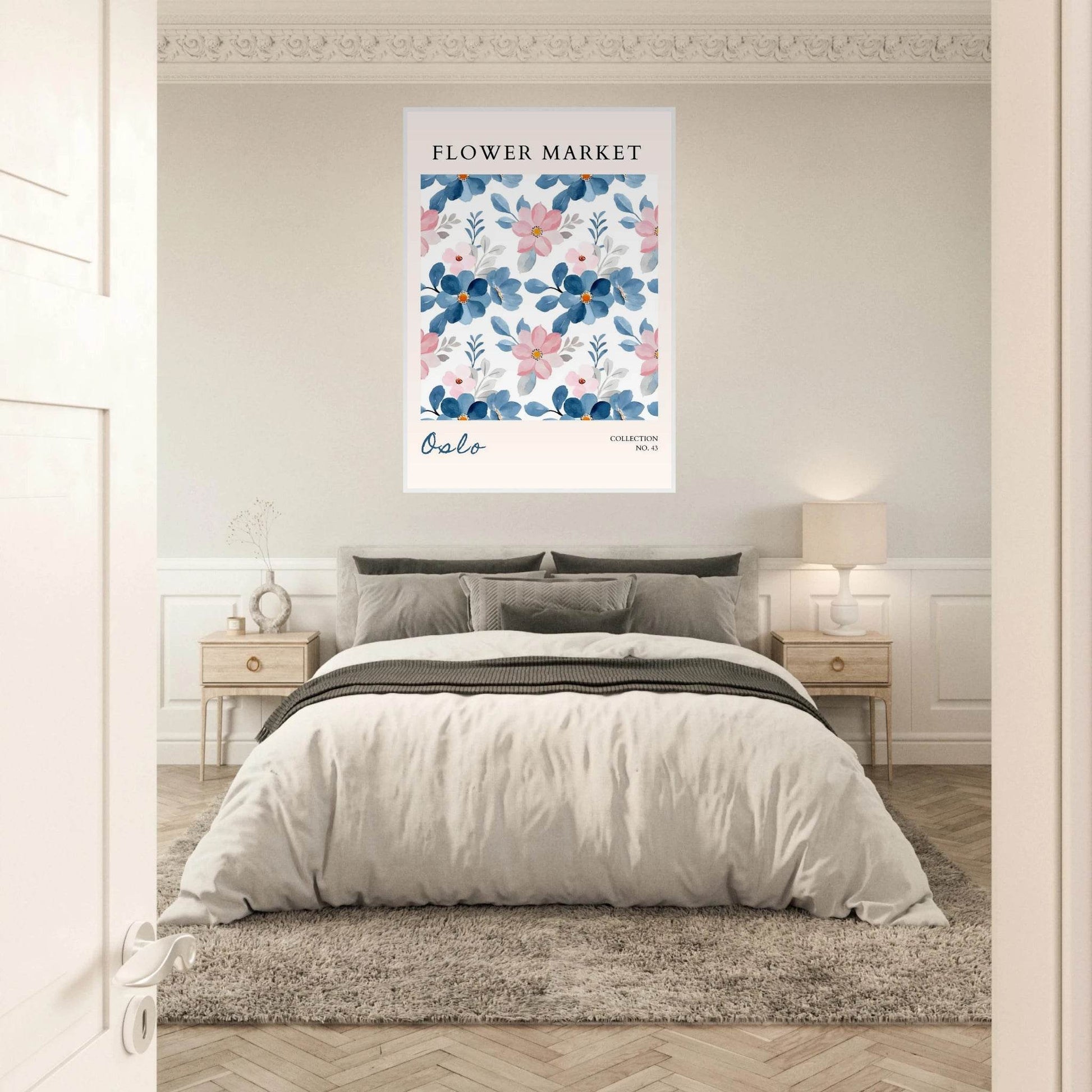 Oslo Flower Market Watercolor Blush Pink Ocean Blue - Wall Art - Vibrantwalls