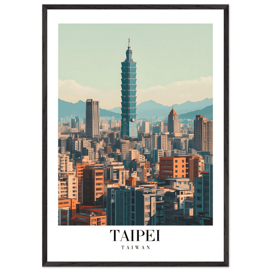Taipei Taiwan Cityscape Framed Poster – Modern Retro Travel Art with Wooden Frame Options - Vibrantwalls