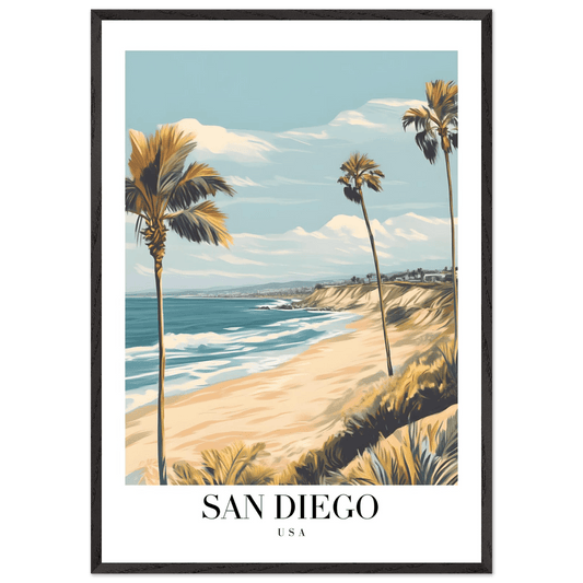 San Diego USA Framed Poster – Vintage Beach Travel Wall Art with Wooden Frame in Your Choice of Size and Finish - Vibrantwalls