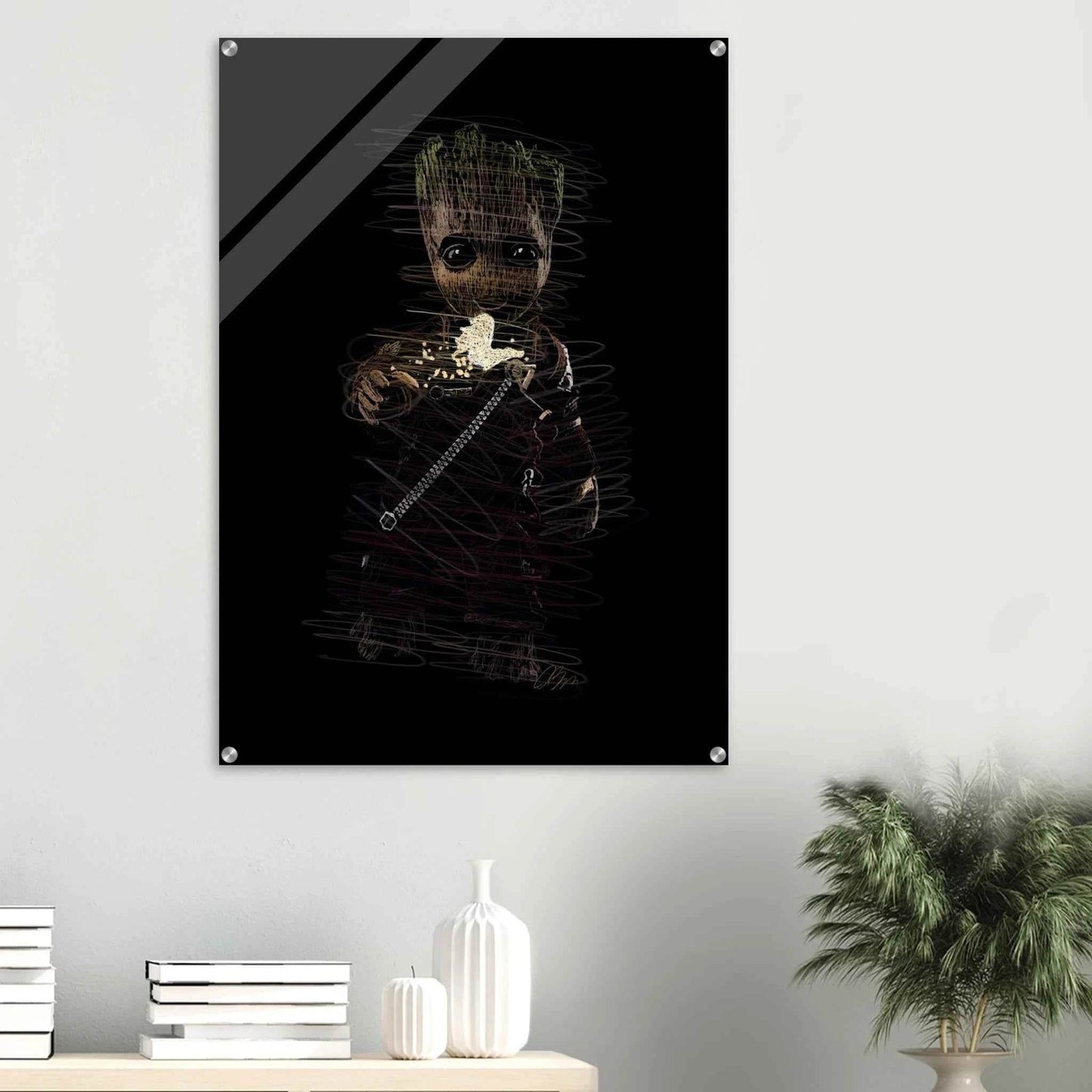 Baby Groot Scribble Art Acrylic Print – "I Am Groot" Modern Wall Art with Vivid Detail & Gloss Finish