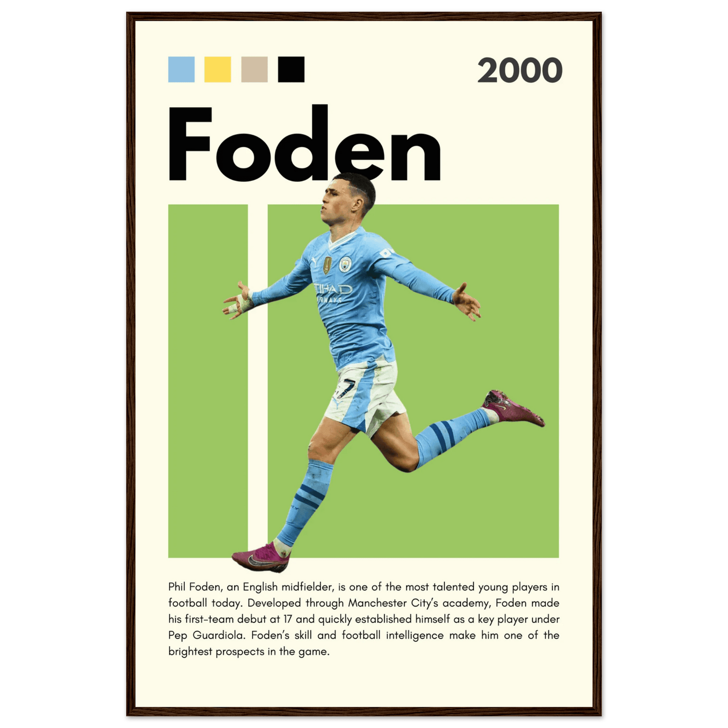 Phil Foden Manchester City Football Legend Poster 60x90 cm 24x36″ Dark wood frame Vibrantwalls