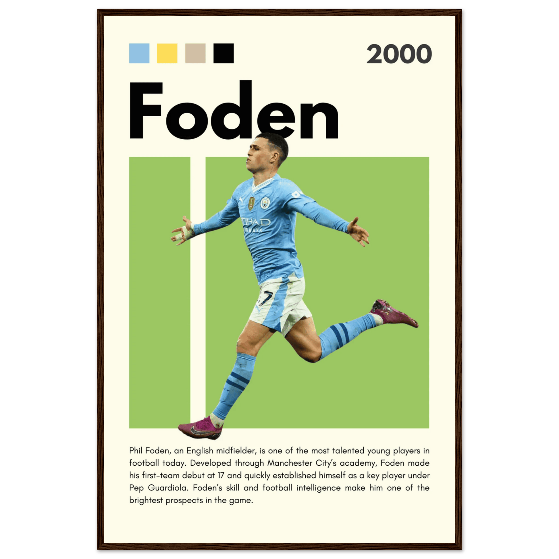 Phil Foden Manchester City Football Legend Poster 60x90 cm 24x36″ Dark wood frame Vibrantwalls