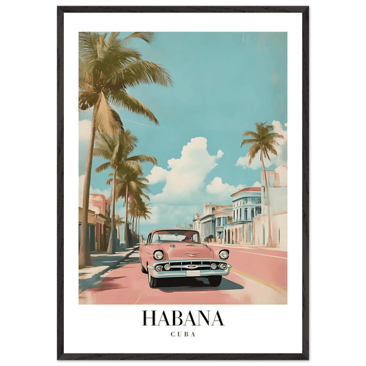 Habana Cuba Framed Poster – Vintage Pink Car Travel Art with Wooden Frame - Vibrantwalls