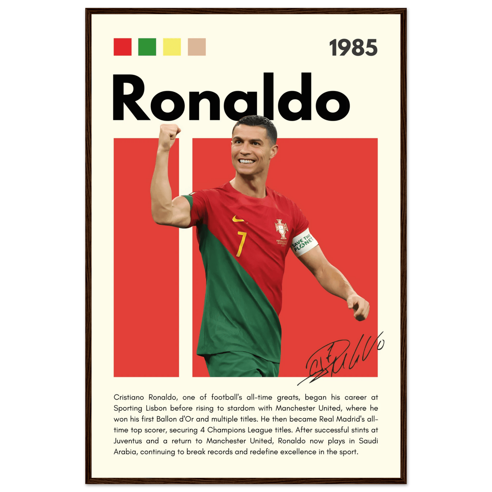 Cristiano Ronaldo Portugal Soccer Framed Football Poster 60x90 cm 24x36″ Dark wood frame Vibrantwalls