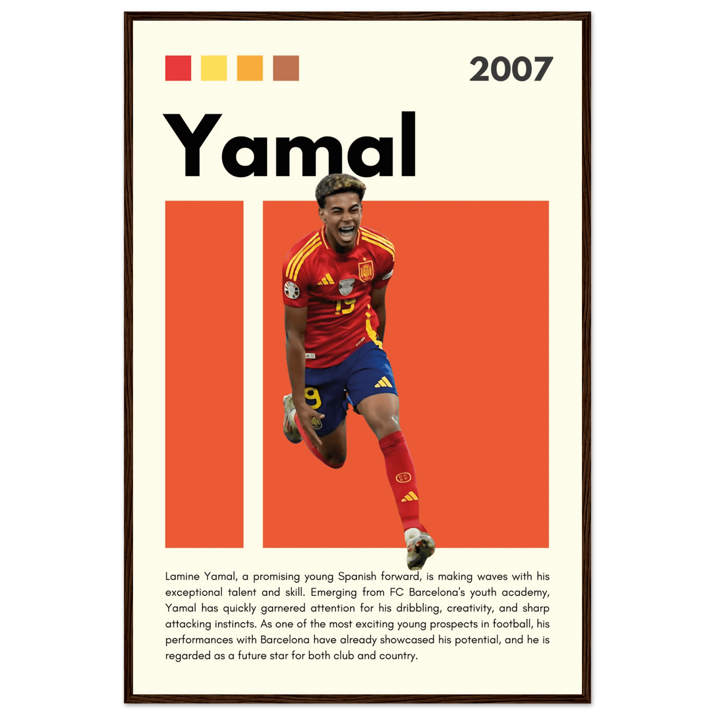 Lamine Yamal Spain Soccer Framed Football Poster 60x90 cm 24x36″ Dark wood frame Vibrantwalls