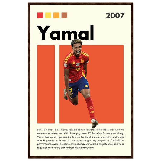 Lamine Yamal Spain Soccer Framed Football Poster 60x90 cm 24x36″ Dark wood frame Vibrantwalls