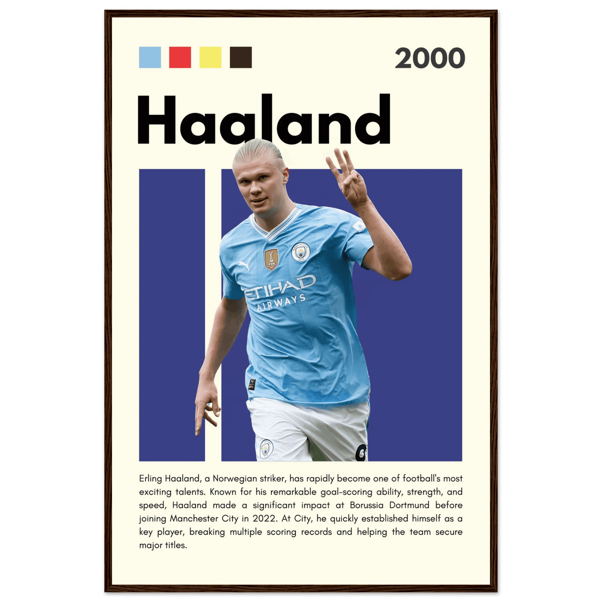 Erling Haaland Manchester City Framed Football Poster 60x90 cm 24x36″ Dark wood frame Vibrantwalls