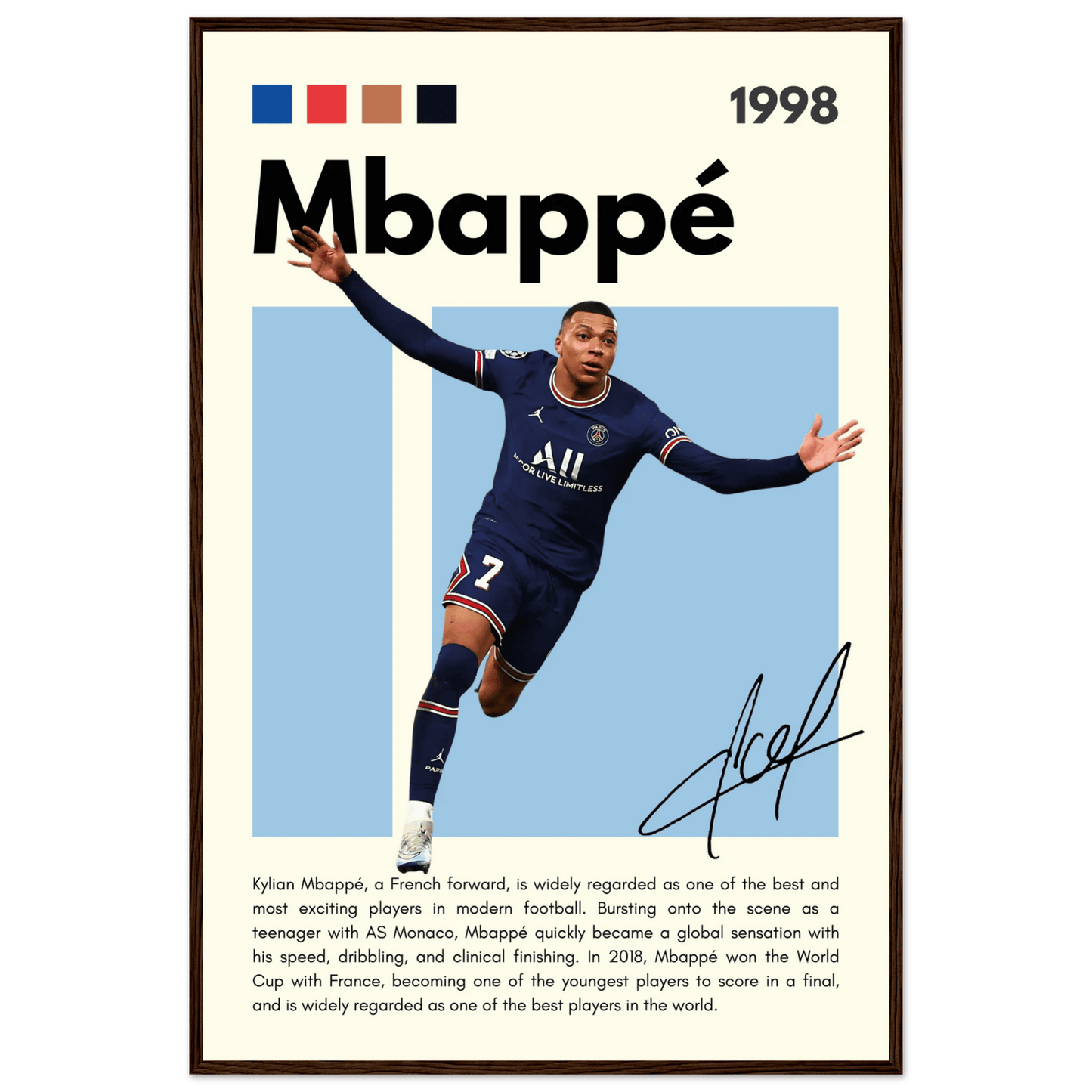 Kylian Mbappé PSG Soccer Framed Football Poster 60x90 cm 24x36″ Dark wood frame Vibrantwalls
