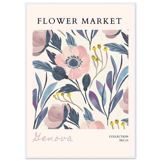 Flower Market 'Genova' Framed Poster – Blush & Indigo Floral Art Print | Ready-to-Hang Botanical Decor - Vibrantwalls