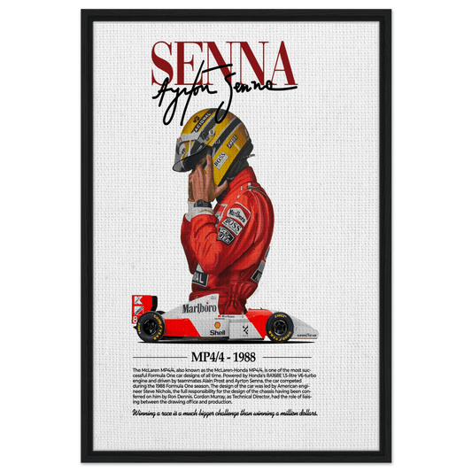 Framed poster of a Formula 1 driver in a red suit with a helmet, next to a car, on a white
 background.Ayrton Senna, framed canvas
vintage formula 1 posters, formula 1 grand prix posters, formula 1 wall art, formula 1 art