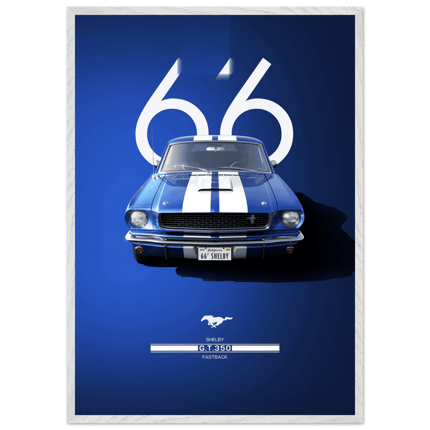 1966 Shelby GT350 Poster - Iconic Blue & White Framed Fastback Wall Art for Easy Hanging - Vibrantwalls