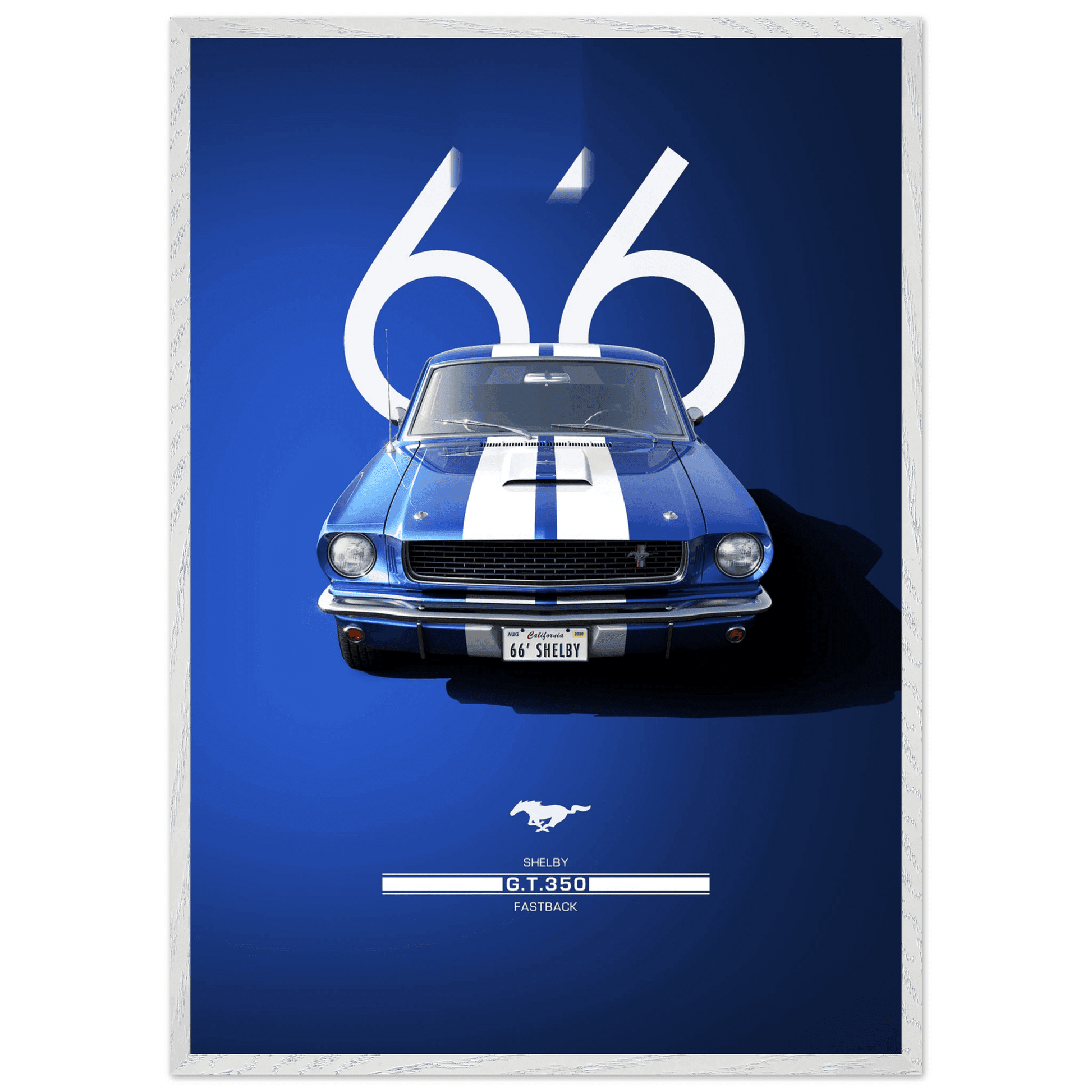 1966 Shelby GT350 Poster - Iconic Blue & White Framed Fastback Wall Art for Easy Hanging - Vibrantwalls