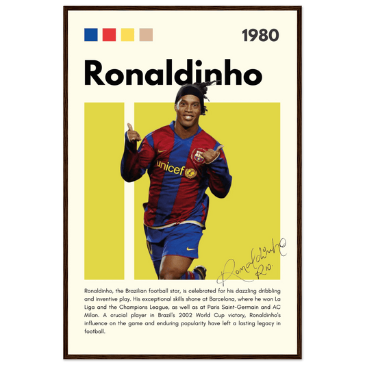 Ronaldinho Barcelona Football Legend Framed Brazil Poster 60x90 cm 24x36″ Dark wood frame Vibrantwalls