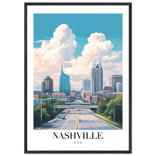 Nashville USA Cityscape Framed Poster – Modern Travel Wall Art with Wooden Frame & Your Choice of Size - Vibrantwalls