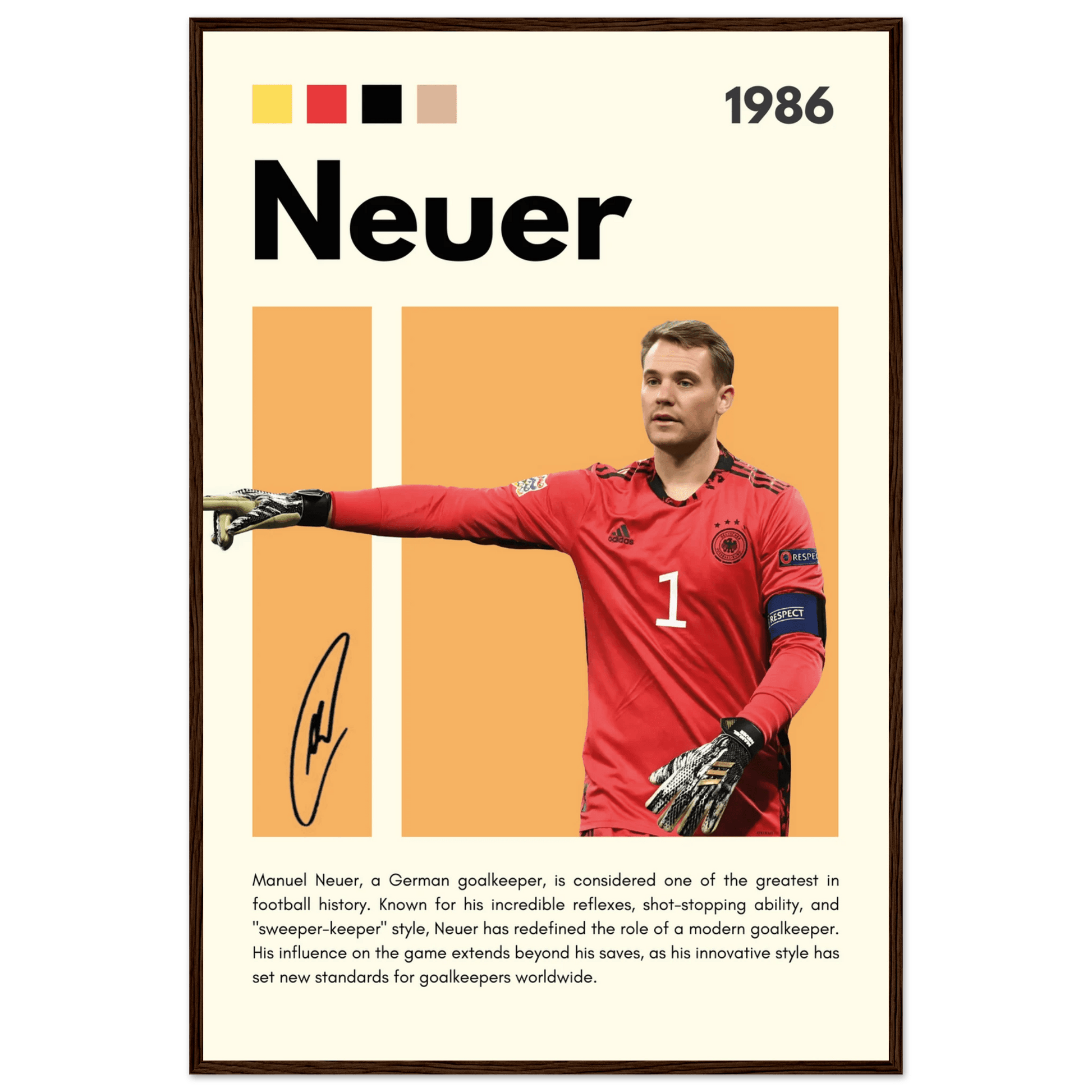 Manuel Neuer Goalkeeper Framed Football Legend Poster 60x90 cm 24x36″ Dark wood frame Vibrantwalls