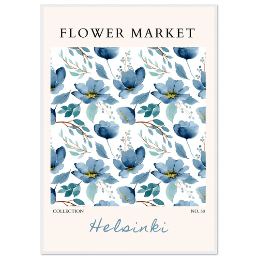 Helsinki Flower Market Framed Poster – Serene Blue Watercolor Florals & Botanical Art Print | Ready-to-Hang Wall Decor - Vibrantwalls