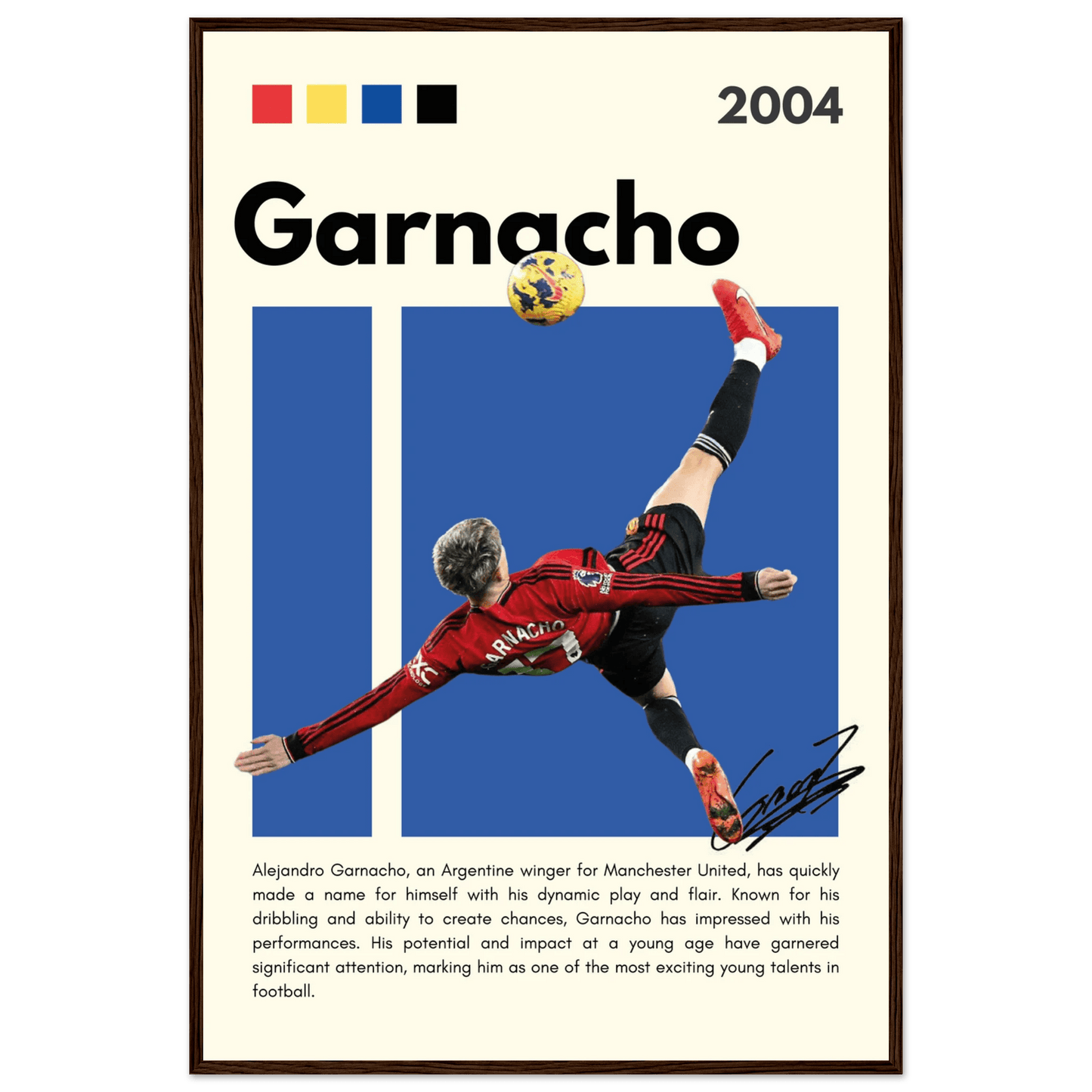 Alejandro Garnacho Manchester United Dynamic Football Poster 60x90 cm 24x36″ Dark wood frame Vibrantwalls
