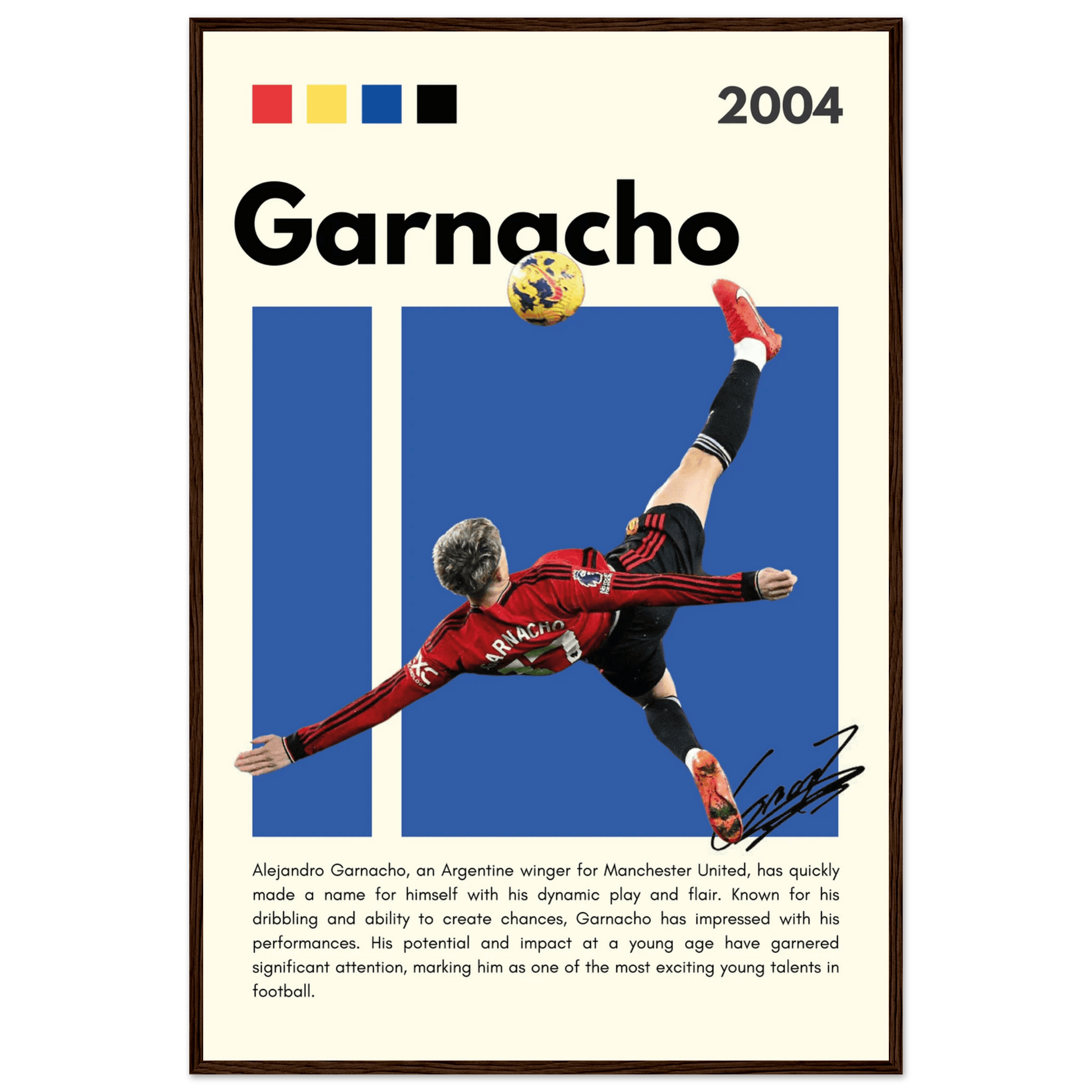 Alejandro Garnacho Manchester United Dynamic Football Poster 60x90 cm 24x36″ Dark wood frame Vibrantwalls