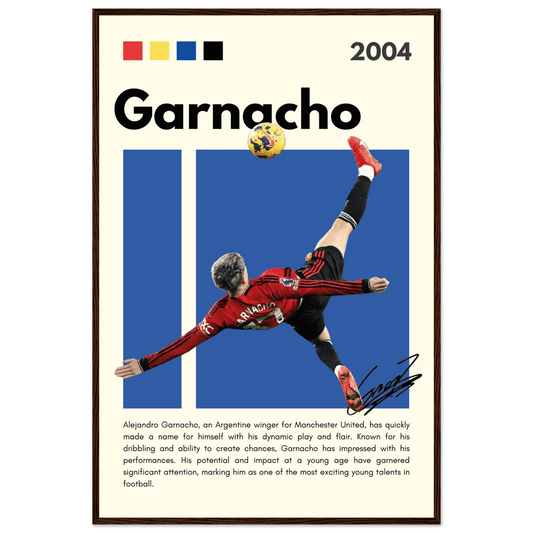 Alejandro Garnacho Manchester United Dynamic Football Poster 60x90 cm 24x36″ Dark wood frame Vibrantwalls
