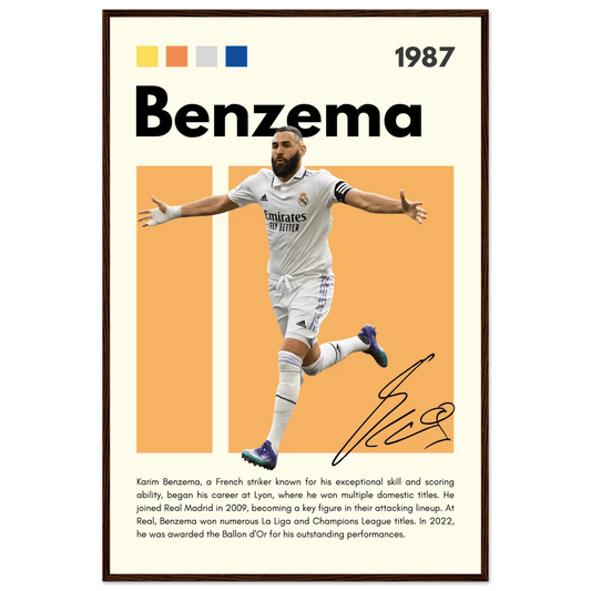 Karim Benzema Real Madrid Soccer Framed Poster – Modern Football Art Print with Signature Detail 60x90 cm 24x36″ Dark wood frame Vibrantwalls