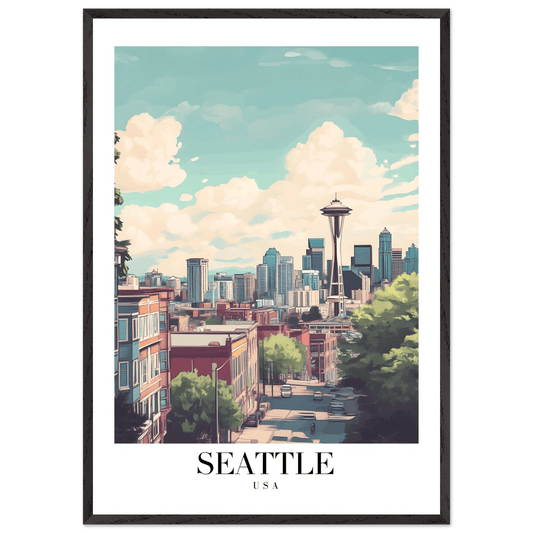 Seattle USA Framed Poster – Charming Watercolor Cityscape Wall Art with Wooden Frame - Vibrantwalls