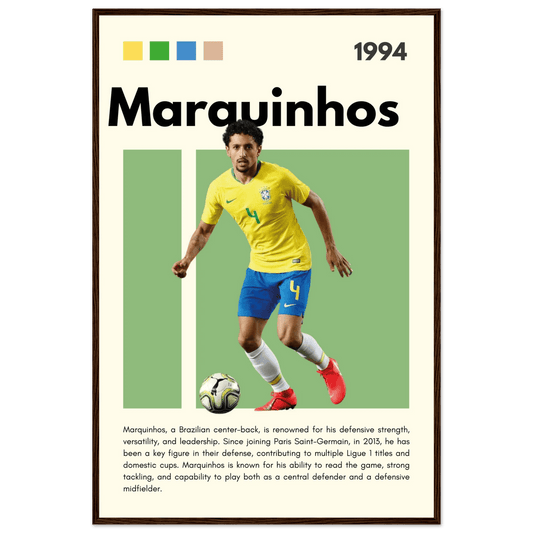 Marquinhos Brazil Football Framed Poster – Iconic Soccer Art Print for Fans 60x90 cm 24x36″ Dark wood frame Vibrantwalls
