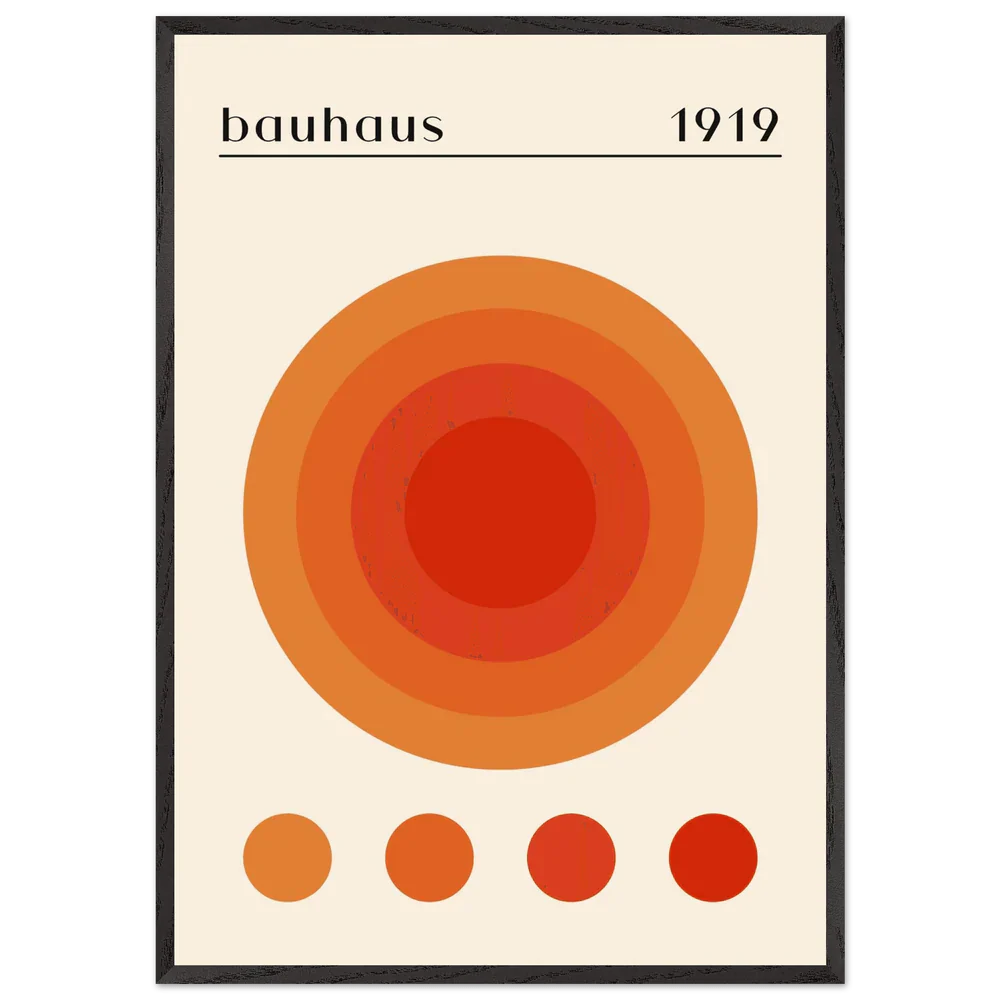 Modern Bauhaus wall art featuring geometric shapes and bold primary colors in premium black frame