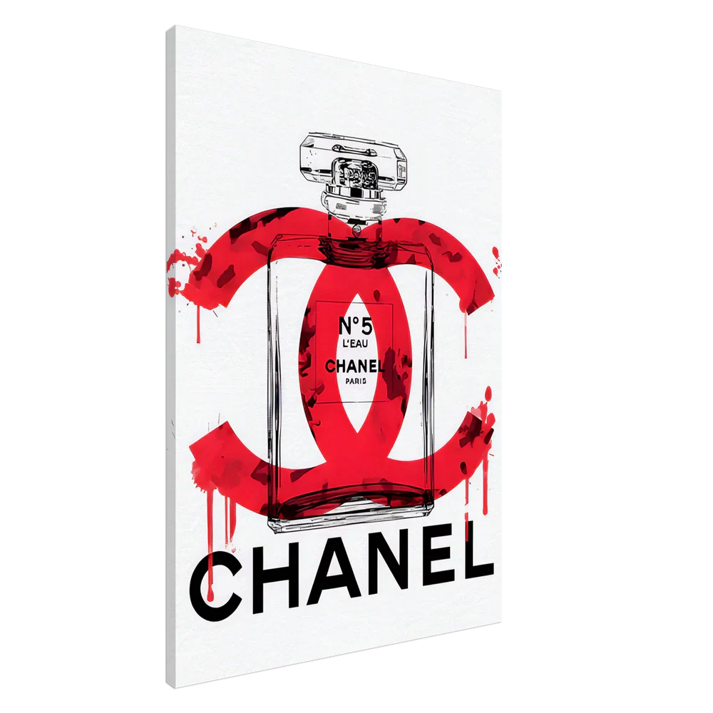 Red Chanel No. 5 perfume bottle canvas wall art print on white background - luxury fashion home decor