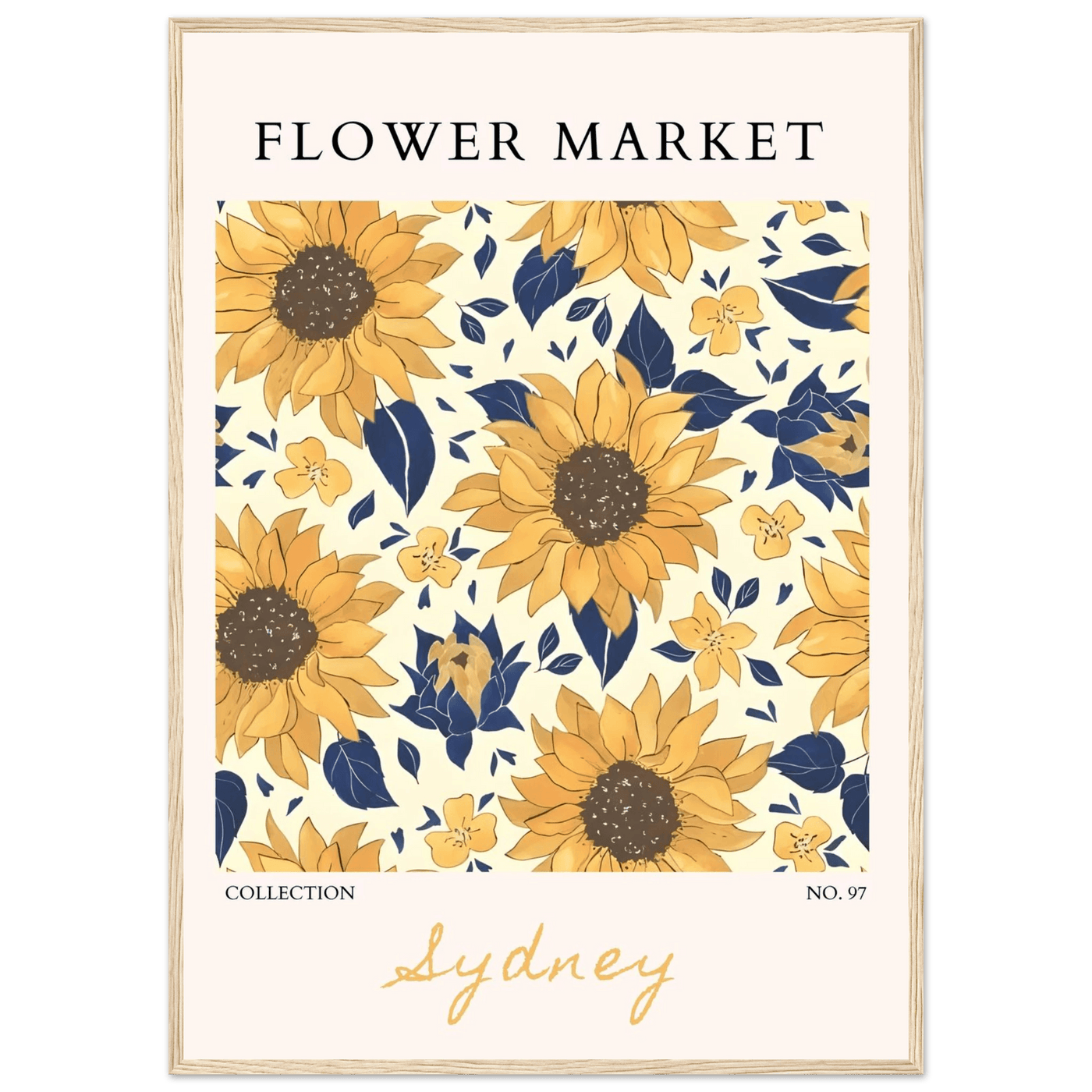Vibrant Sunflower & Navy Floral Framed Poster – 'Flower Market Sydney' Collection | Ready-to-Hang Wall Art - Vibrantwalls