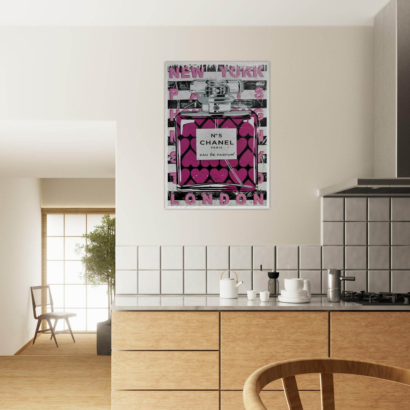 Chanel No. 5 Pink Hearts Pop Art Print in Premium Mounted Frame - Vibrantwalls