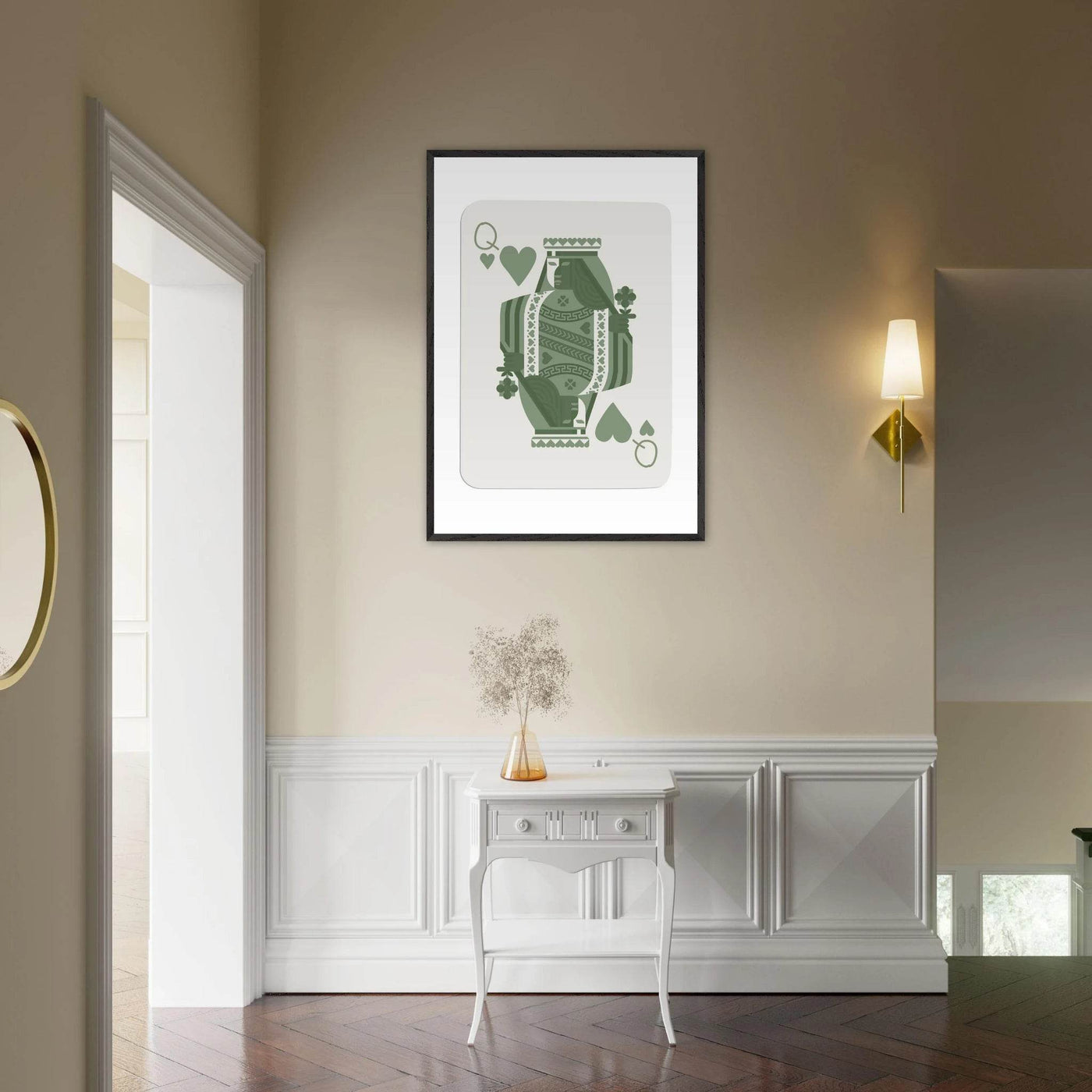Queen of Spades Poker Card Print - Sage Green Wall Art - Mounted Framed Poster, Eco-Friendly Wood Frame - Vibrantwalls