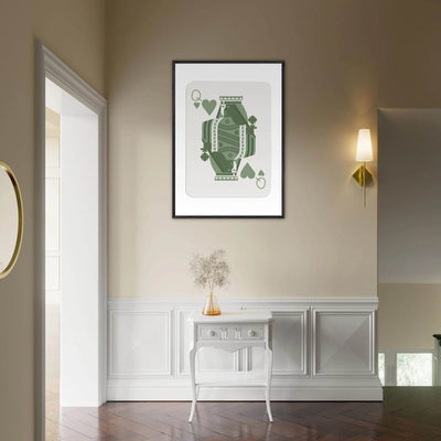 Queen of Spades Poker Card Print - Sage Green Wall Art - Mounted Framed Poster, Eco-Friendly Wood Frame - Vibrantwalls