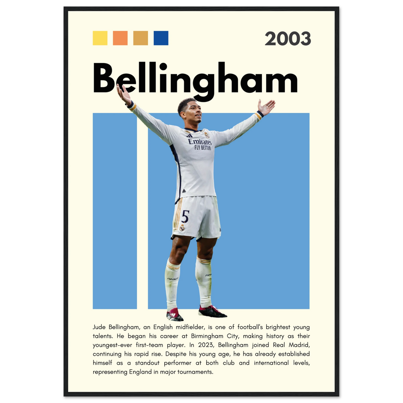 Jude Bellingham Real Madrid Football Poster – Modern Pop Art Print in Your Choice of Frame 70x100 cm 28x40″ Black frame Vibrantwalls