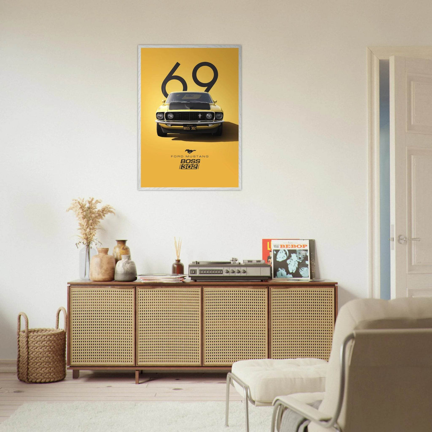 1969 Ford Mustang Boss 302 '69 - Iconic Yellow Framed Poster | Ready-to-Hang, Premium Art Print - Vibrantwalls