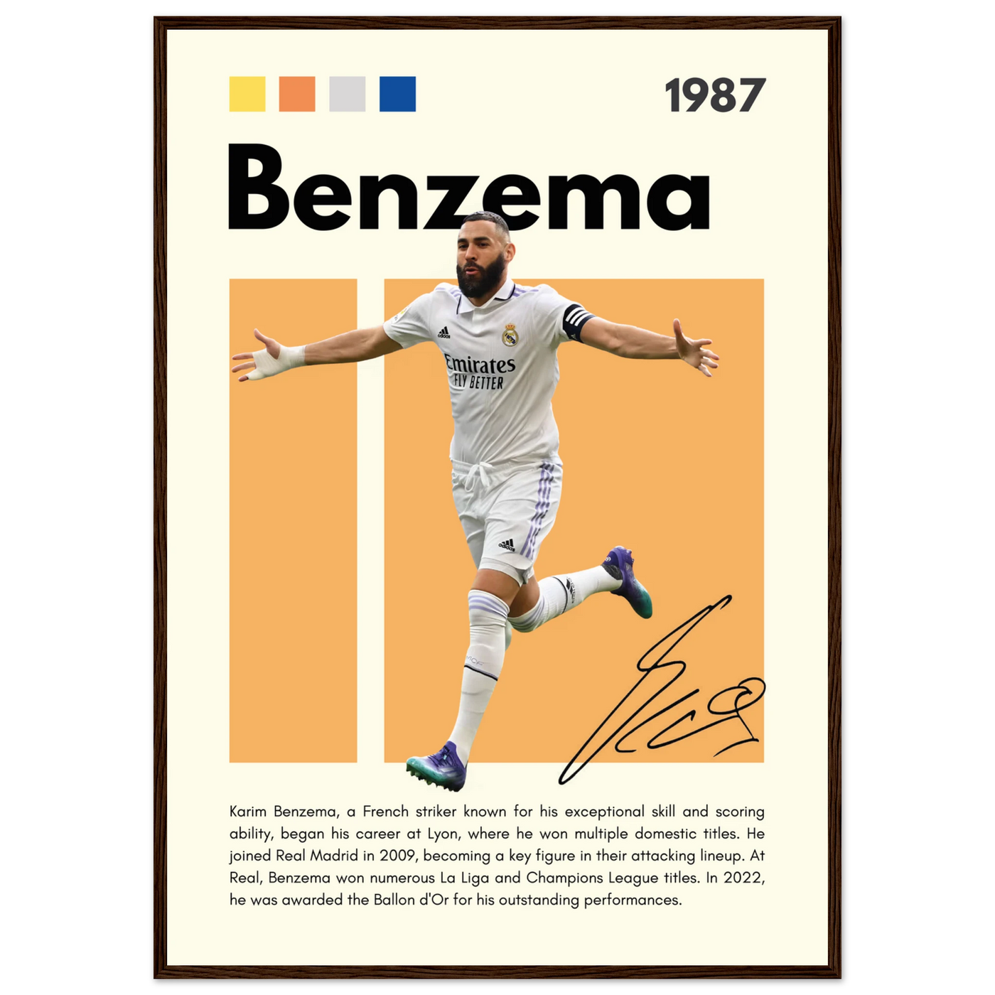 Karim Benzema Real Madrid Soccer Framed Poster – Modern Football Art Print with Signature Detail A1 (59.4 x 84.1 cm) Dark wood frame Vibrantwalls