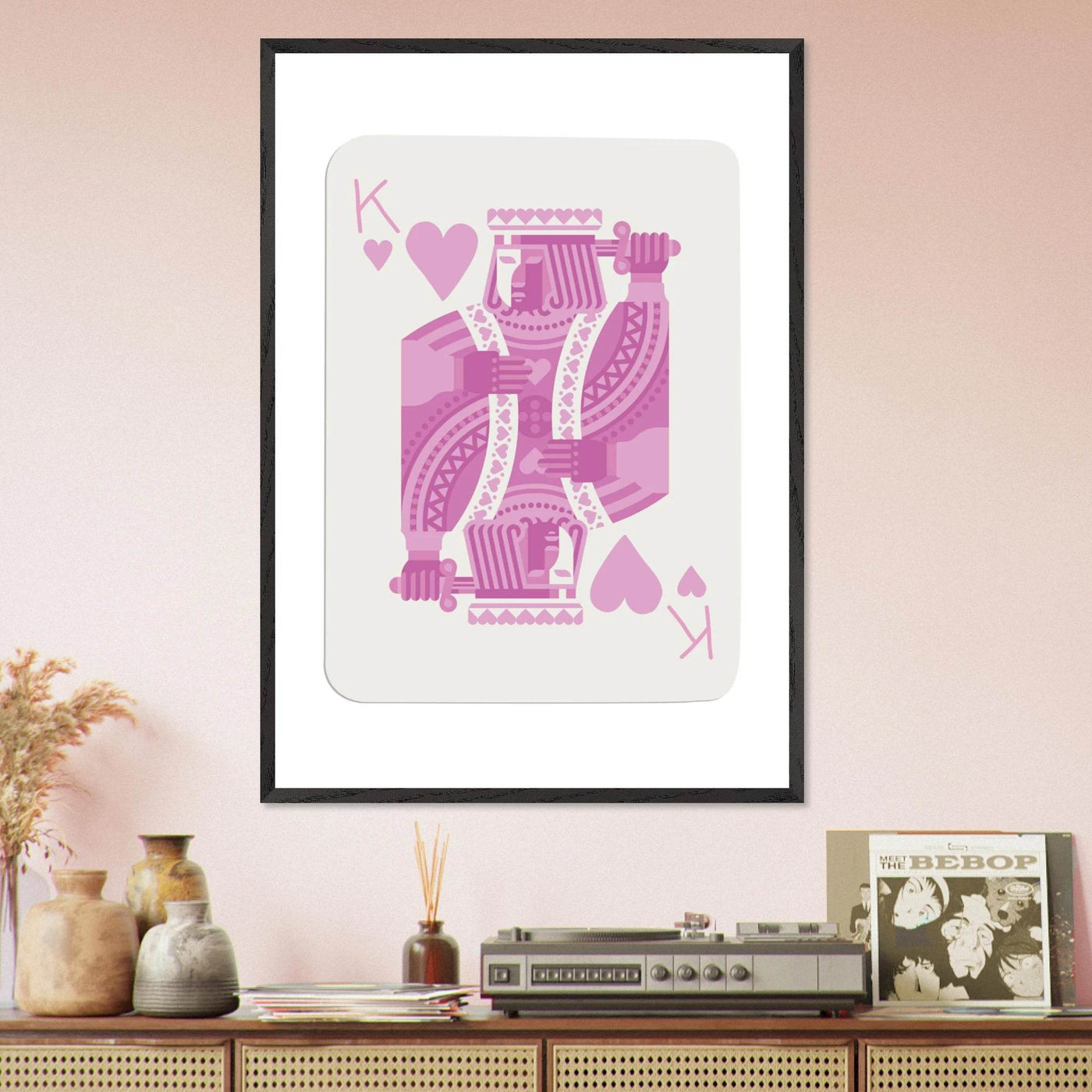 King of Hearts Modern Pink Poker Card Art - Mounted Framed Poster, Eco-Friendly Wood Frame - Vibrantwalls