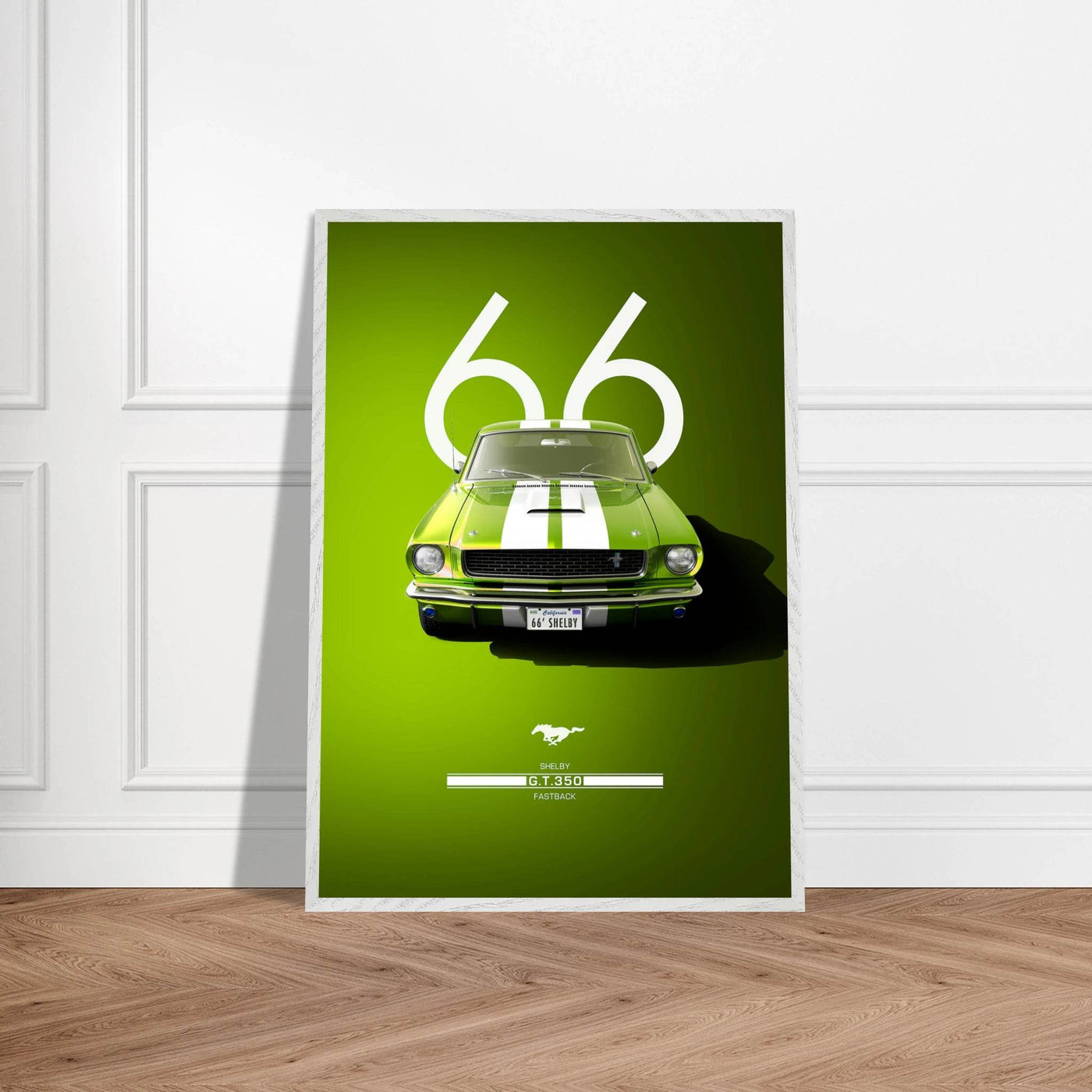 1966 Shelby GT350 Fastback Poster - Iconic Green & White Racing Stripes | Premium Framed Art, Ready-to-Hang - Vibrantwalls