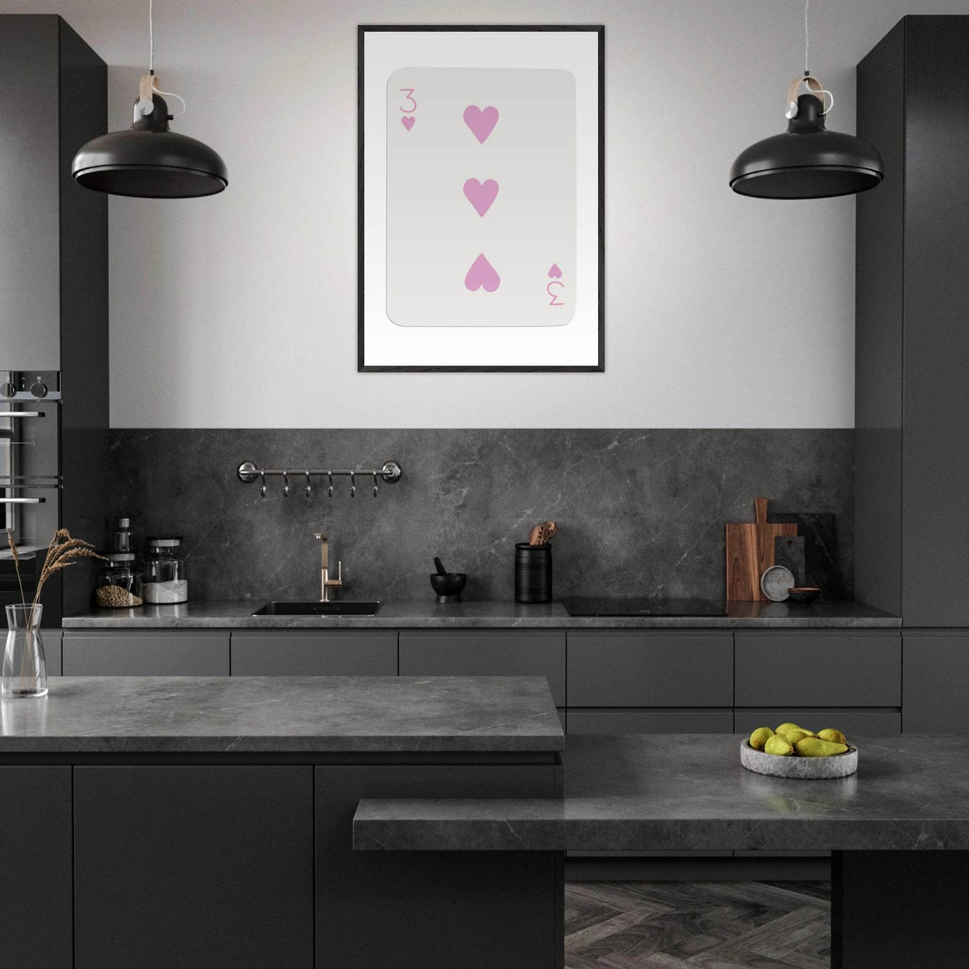 Three of Hearts Poker Card Print - Soft Pink Mounted Framed Poster Art, Eco-Friendly Wood Frame - Vibrantwalls