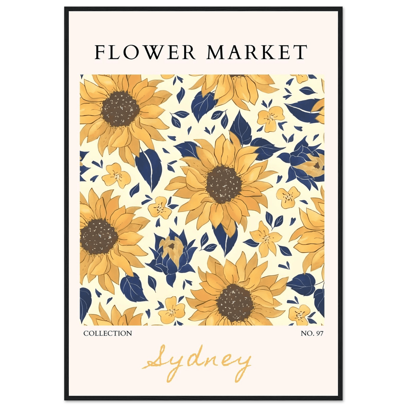 Vibrant Sunflower & Navy Floral Framed Poster – 'Flower Market Sydney' Collection | Ready-to-Hang Wall Art - Vibrantwalls