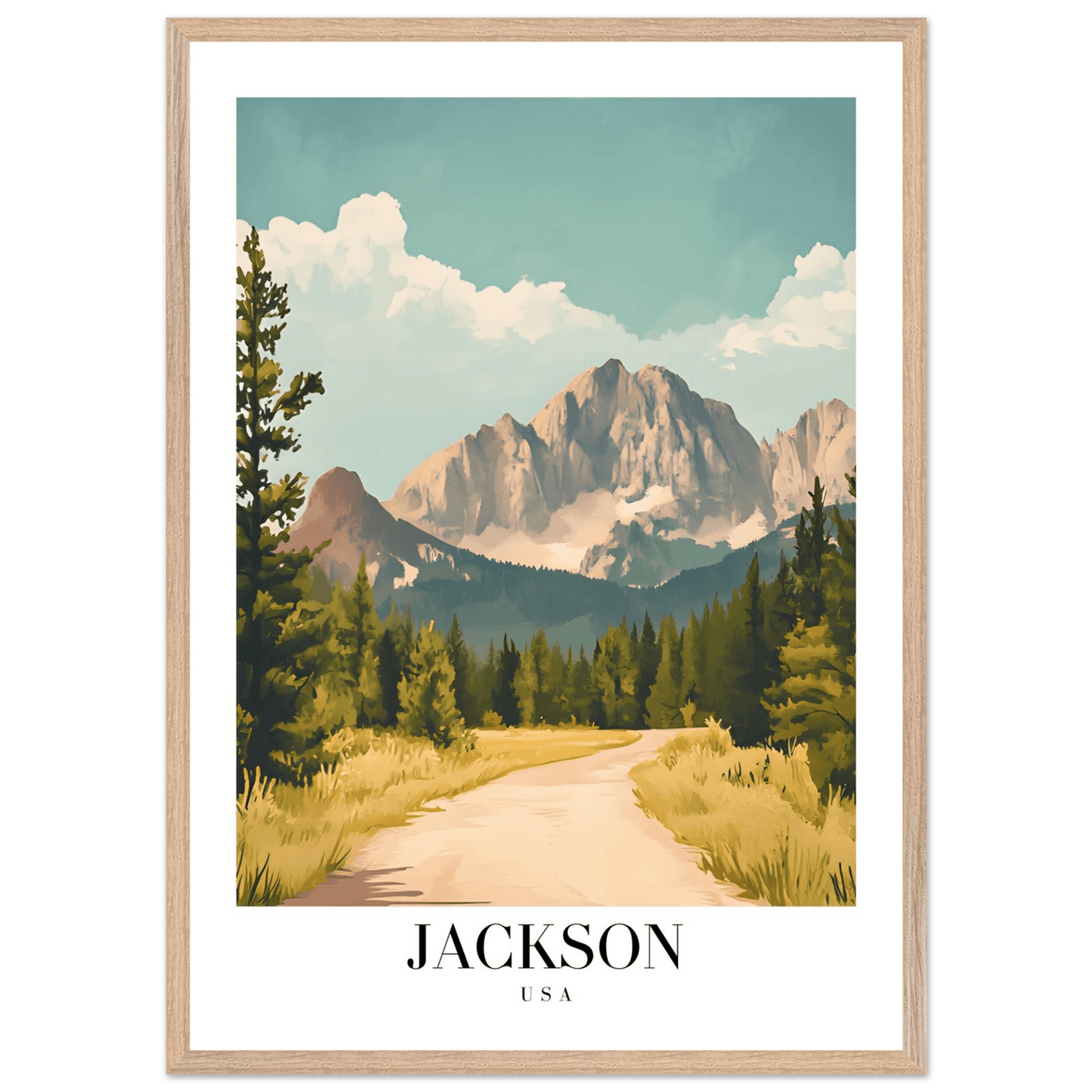 Jackson USA Mountain Landscape Framed Poster – Vintage Travel Wall Art with Wooden Frame - Vibrantwalls