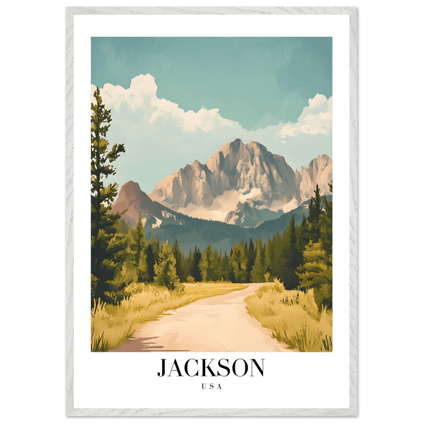 Jackson USA Mountain Landscape Framed Poster – Vintage Travel Wall Art with Wooden Frame - Vibrantwalls