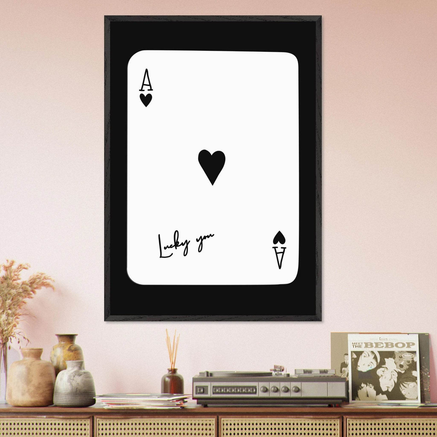 Ace of Hearts 'Lucky You' Framed Poker Card Art - Modern Black & White Print, Eco-Friendly Wood Frame - Vibrantwalls