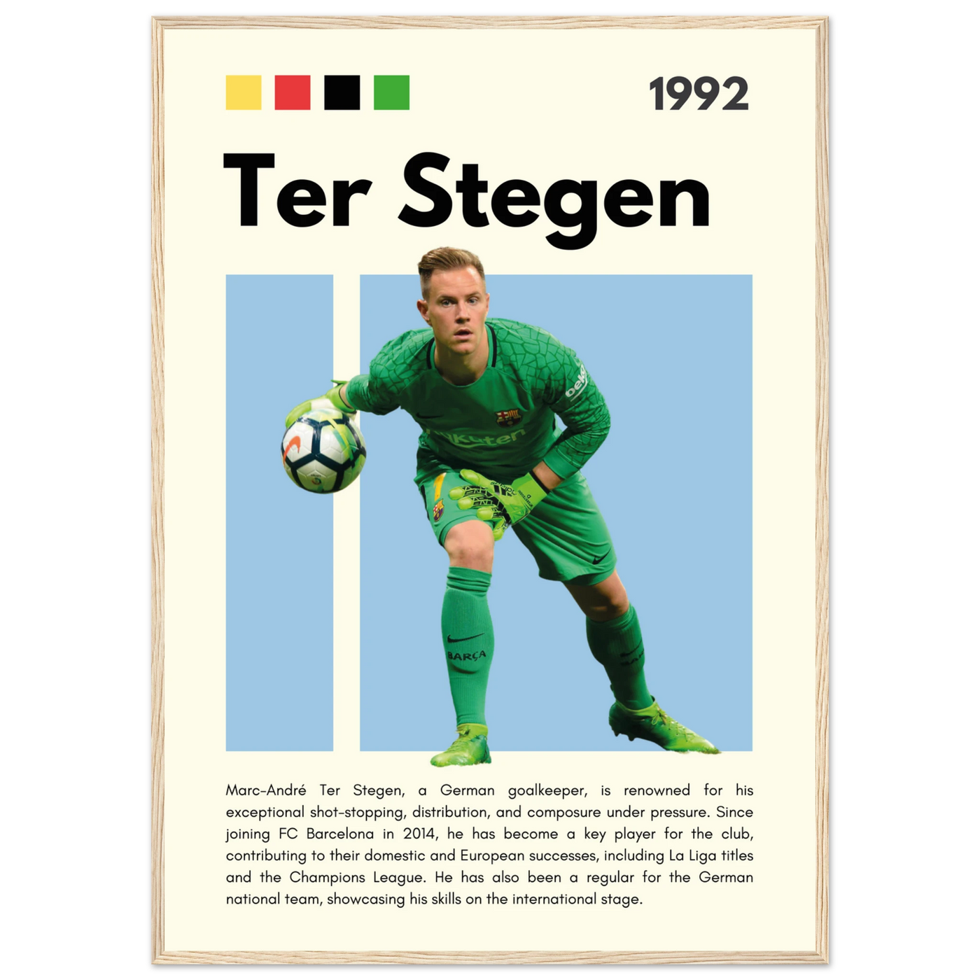 Marc-André Ter Stegen FC Barcelona Goalkeeper Framed Poster – Minimalist Football Art Print A1 (59.4 x 84.1 cm) Wood frame Vibrantwalls