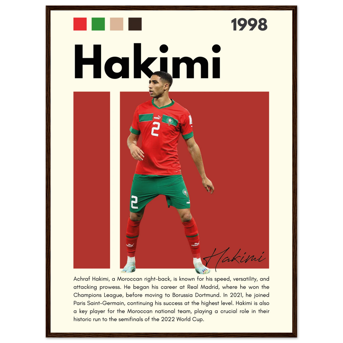 Achraf Hakimi Morocco Framed Football Legend Poster 60x80 cm 24x32″ Dark wood frame Vibrantwalls
