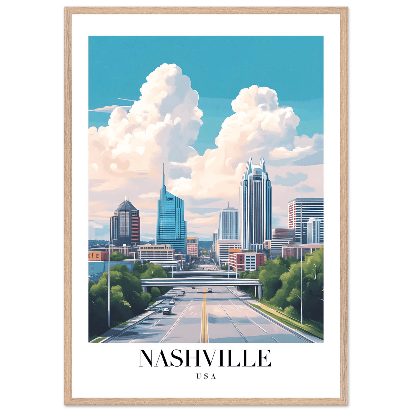 Nashville USA Cityscape Framed Poster – Modern Travel Wall Art with Wooden Frame & Your Choice of Size - Vibrantwalls