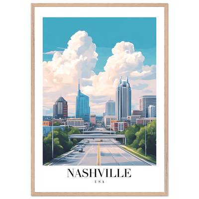 Nashville USA Cityscape Framed Poster – Modern Travel Wall Art with Wooden Frame & Your Choice of Size - Vibrantwalls